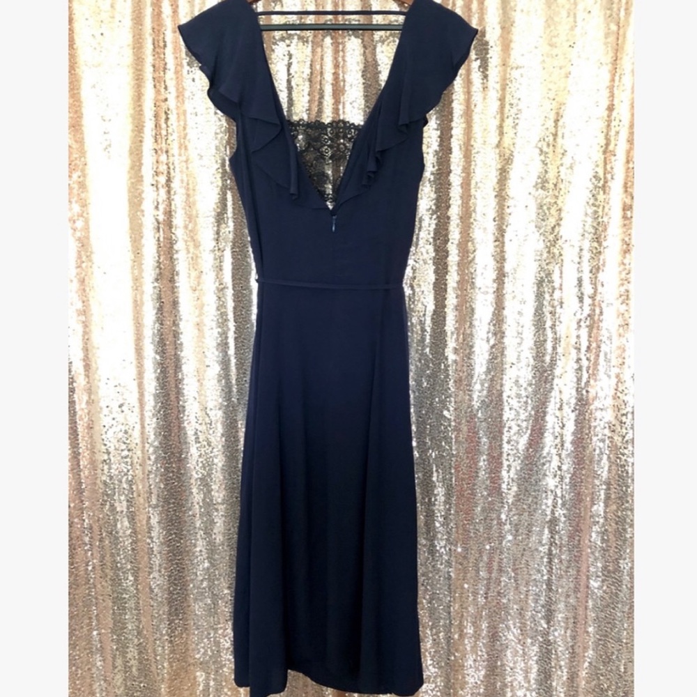 Navy Blue & Black Lace Plunging Double Split Hem Midi Slip Dress - Picture 9 of 10